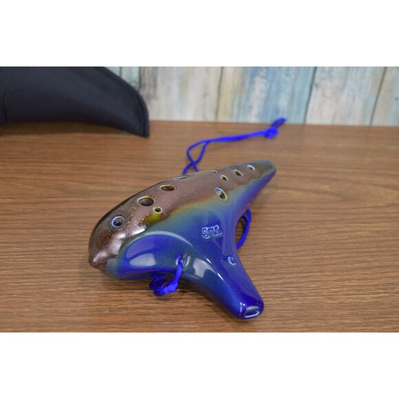 STL Ocarina 12 Hole Alto C Ceramic Flute Blue Brown Earth Glaze w/ Case & Strap - Picture 8 of 12